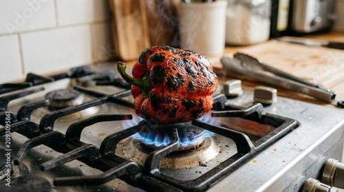 Flame engulfing a large piece of meat cooking on a gas stove burner.