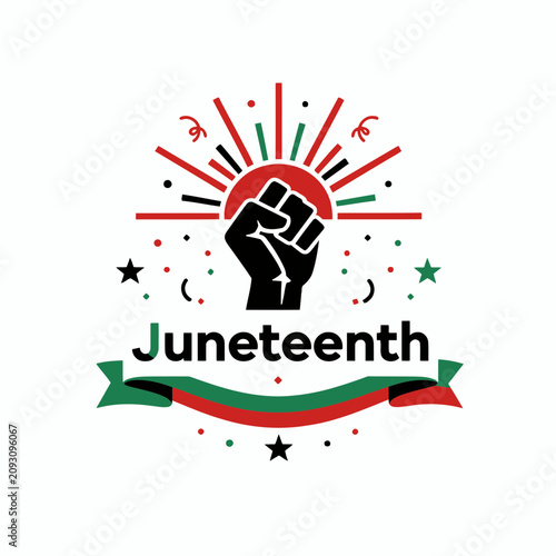 Juneteenth celebration emblem featuring a raised fist symbolizing freedom and equality with festive ribbon and confetti elements on a clean white background