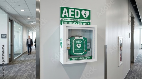 Automated external defibrillator mounted on wall