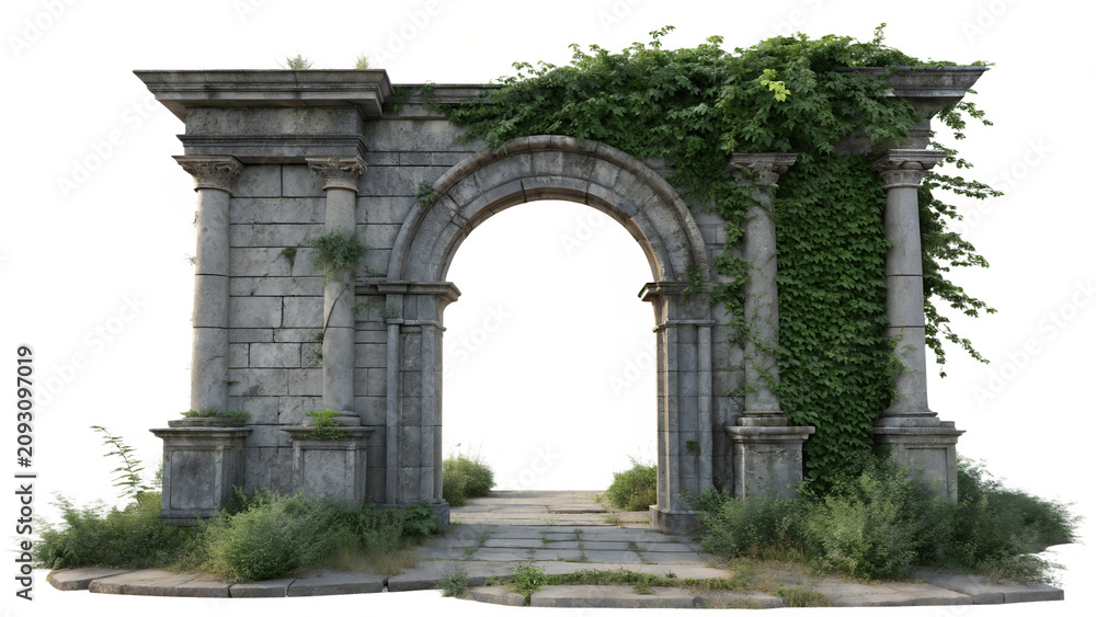Fototapeta premium Ancient Stone Archway Ruins Covered in Green Ivy Foliage Isolated on White