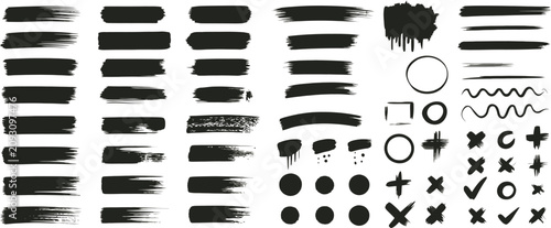 Obraz na płótnie Brush Stroke Text Box in black featuring grunge paint roller lines, rough underline banners, distressed callout labels, and ink smear stripes for graphic design