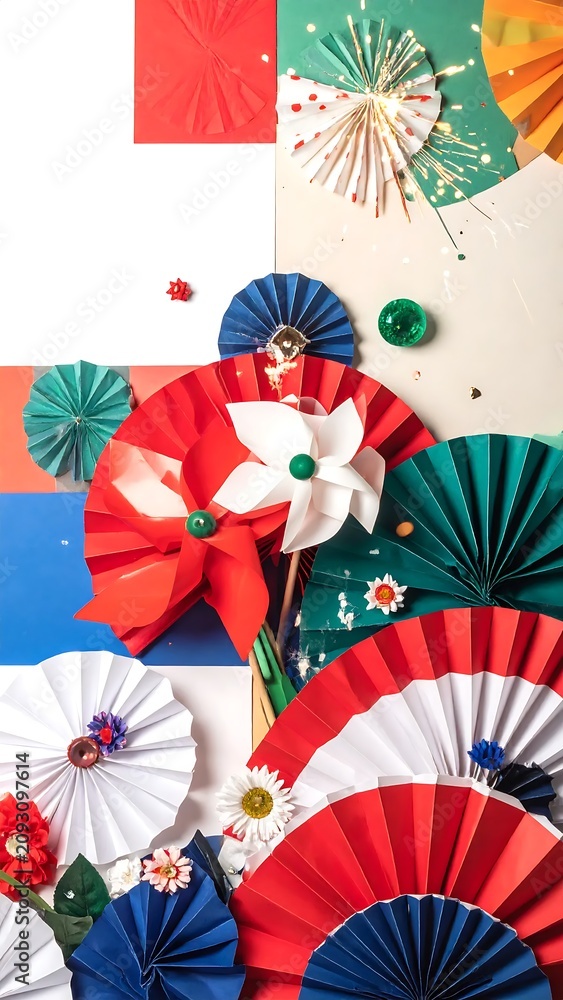 Obraz premium Colorful Paper Fans and Pinwheels Festive Decoration Composition.