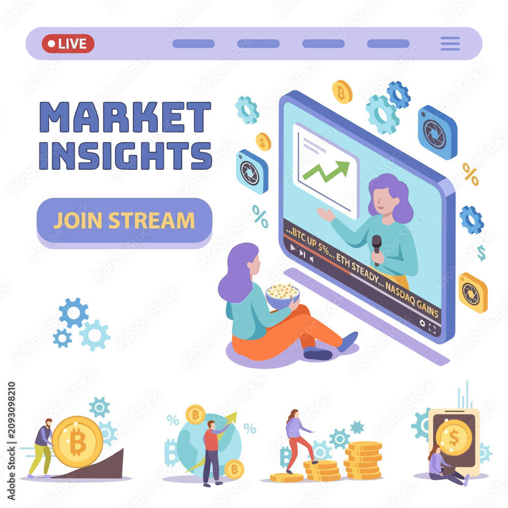 Fototapeta premium Market Insights Live Stream For Cryptocurrency Trading Business Finance Investment Technology Web Banner Graphic Design Concept