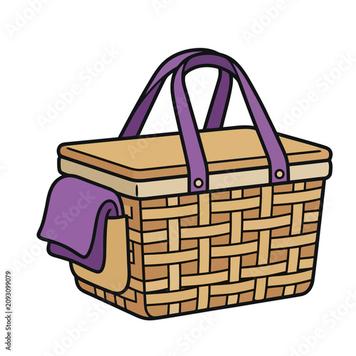 Wicker Picnic Basket with Purple Handles and Cloth