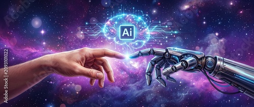 A human hand extending towards a robotic hand set against a cosmic backdrop representing the profound connection between humanity and the realm of artificial intelligence.