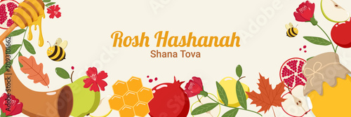Foto Festive Rosh Hashanah design with Shana Tova text, honey, apples, pomegranates,