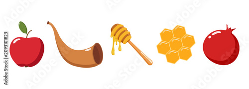 Rosh Hashanah symbols illustration with apple, shofar, honey dipper, honeycomb, and pomegranate, celebrating Jewish New Year sweetness and blessings
