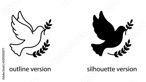 Fotografi Peace Dove with Olive Branch: A symbolic representation of peace, featuring a dove in both outline and silhouette versions, carrying an olive branch