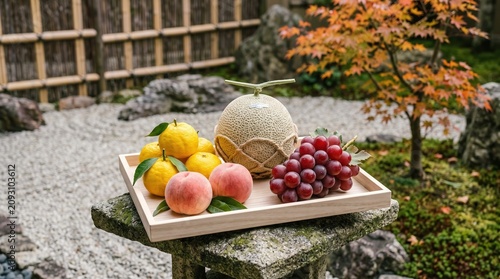 Premium Japanese fruits including a netted melon, grapes, yuzu, and peaches beautifully arranged on a wooden tray in a serene traditional Zen rock garden during autumn.