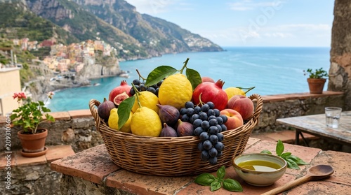 A rustic woven basket filled with fresh Mediterranean fruits like lemons, grapes, and pomegranates on a stone balcony overlooking the beautiful Amalfi Coast.