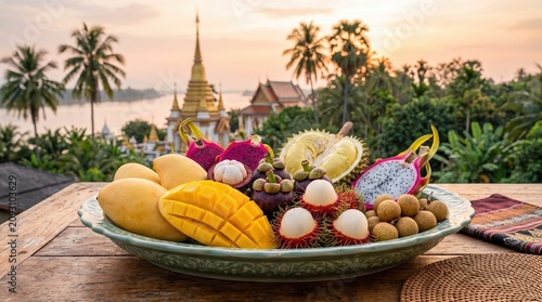 Beautifully arranged fresh tropical Thai fruit platter featuring mango, mangosteen, and durian on a wooden table with a scenic temple and river background at sunset.