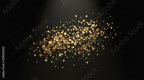 Macro close-up of shiny floating gold dust particles catching a bright spotlight against a dark matte black background.