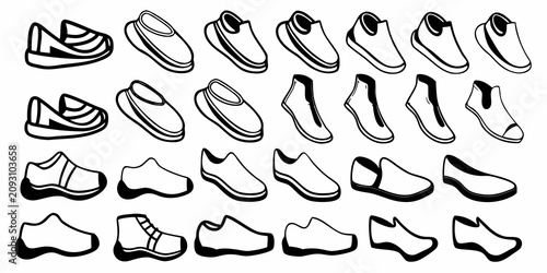 Bild auf Leinwand diverse shoe and footwear icon set displayed in black and white line art sneaker