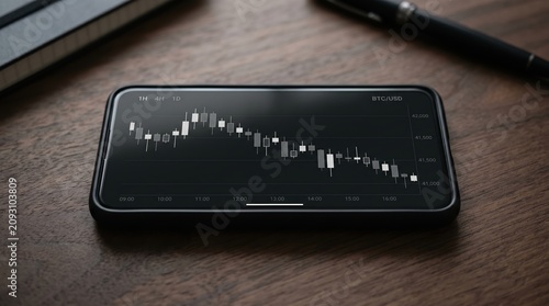 Minimalist close-up of a smartphone displaying a cryptocurrency financial trading chart on a modern wooden office desk.