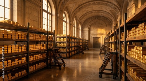 Massive stacks of gold bullion bars stored on shelves inside a grand classic marble bank vault treasury during golden hour.