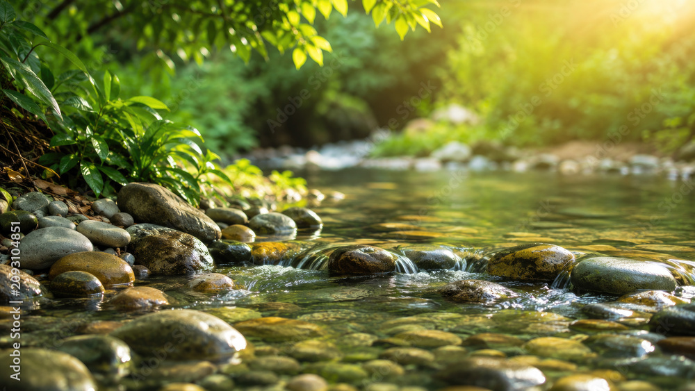 Fototapeta premium Sunlit Stream Flowing Over Smooth Stones