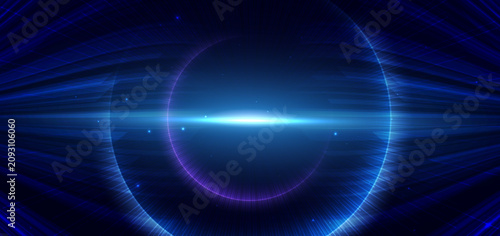 Hi-speed blue neon beams rays on dark blue background.