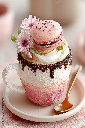 Sweet dessert served in a cup with flowers and a pink macaron on top