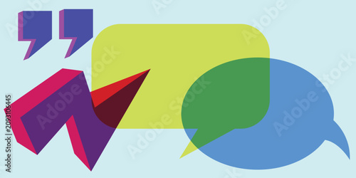 Abstract colorful speech bubbles and quotation marks design element with dialogue communication conversation illustration colorful abstract geometric creative template feedback thinking