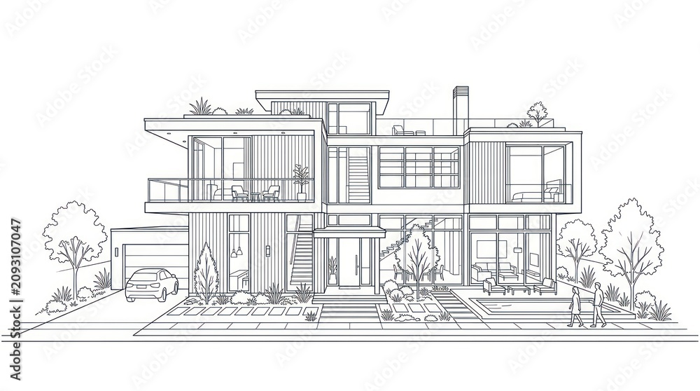 Obraz premium Modern two story luxury house architectural sketch with car and pool in front yard design.