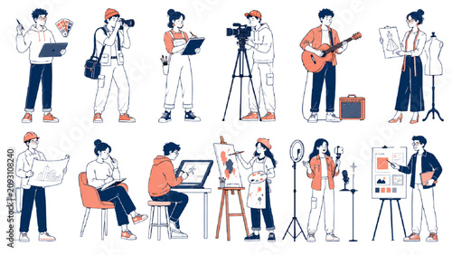 Creative Professional Character Set with Designer, Photographer, Illustrator, Filmmaker, Musician and Artist