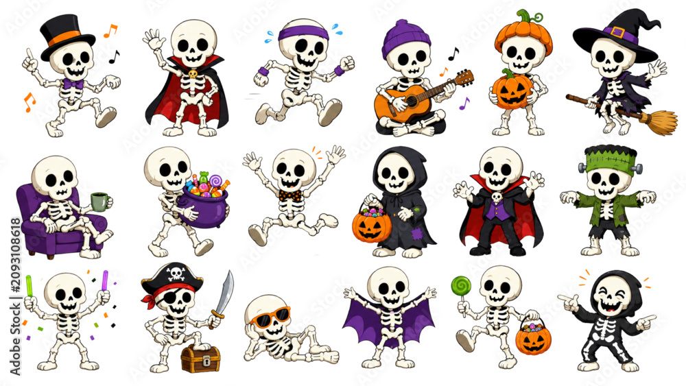Obraz premium Cute Halloween Skeleton Character Set with Witch, Vampire, Pirate, Musician and Trick or Treat Costumes
