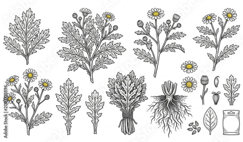 Foto Edible chrysanthemum greens botanical vector illustration collection with medium