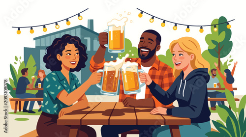 Flat vector illustration of diverse friends clinking glass mugs of craft beer at a table in a brewery garden social gathering