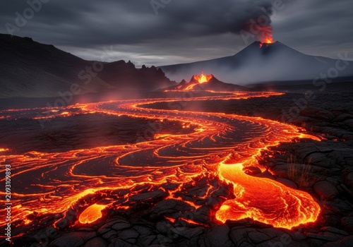 Erupting volcano with glowing lava flows and ash plume spreading across a dark volcanic field at dusk with dramatic swirling magma