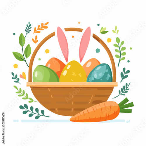 Colorful Easter Basket Illustration with Bunny Ears and Fresh Carrot Decoration