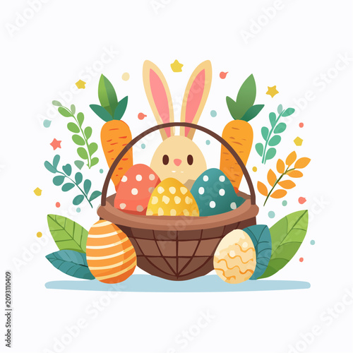 Cute Easter Illustration with Bunny Peeking from a Basket of Colorful Patterned Eggs and Carrots