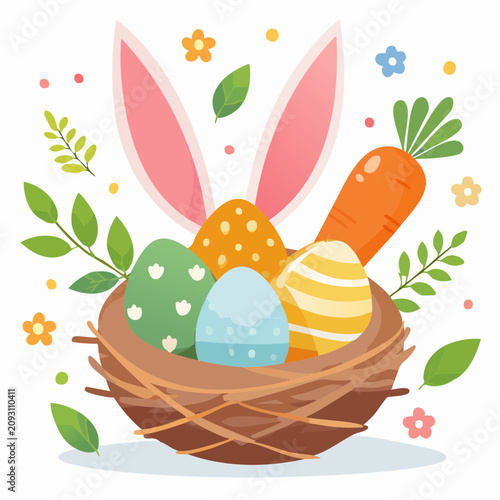 Easter Bunny Ears and Colorful Decorated Eggs in a Woven Nest with Fresh Carrot and Spring Floral Elements for Festive Seasonal Greeting