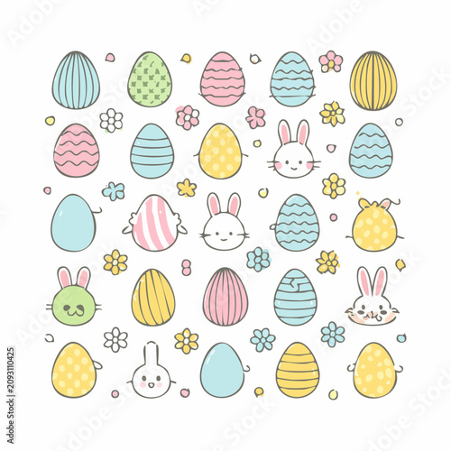 Kawaii Easter Pastel Eggs and Bunnies Vector Illustration Set