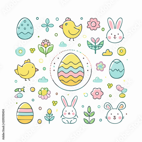 Whimsical pastel Easter holiday vector illustration set featuring cute bunnies, fluffy chicks, and beautifully decorated eggs, perfect for festive springtime designs and celebrations