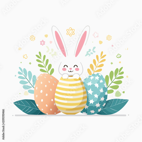 Cute cartoon Easter bunny with decorated colorful eggs and spring floral elements on white background