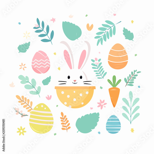 Cute Easter Bunny Sitting in a Polka Dot Bowl Surrounded by Decorated Eggs and Spring Botanical Foliage Elements