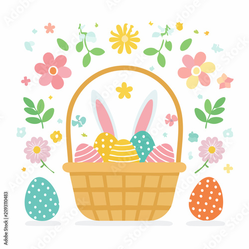 Happy Easter illustration with decorated eggs in a basket and spring flowers
