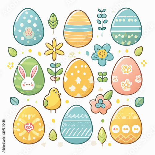 Cute pastel Easter eggs and spring elements vector illustration set with bunny, chick, flowers, and leaves on white background