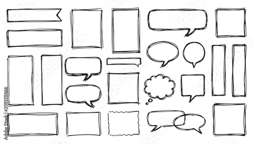 Speech Bubble Collection: A diverse array of hand-drawn speech bubbles and text boxes, ready to be filled with thoughts and dialogue.