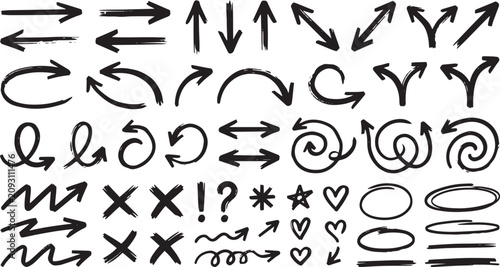 Hand-drawn Arrow Collection: A diverse collection of hand-drawn arrows, symbols, and doodles in black, representing various directions, choices, and creative expression.