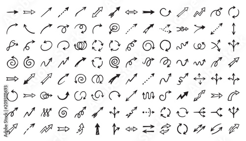Collection of Hand-Drawn Arrow Icons: A comprehensive assortment of unique, hand-drawn arrow graphics in various styles and directions, perfect for design projects.
