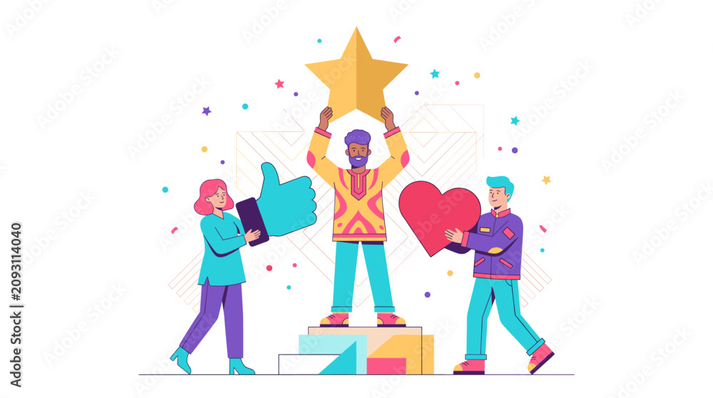 Fototapeta premium A proud man holds a giant golden star trophy high on a podium while friends carry a thumbs up and heart, celebrating achievement and appreciation.