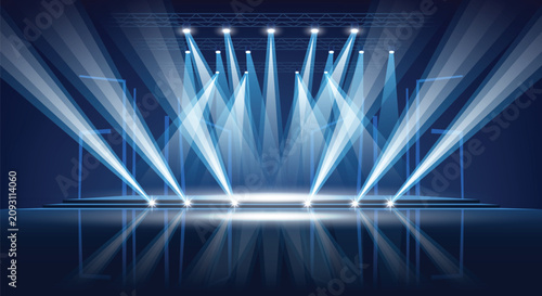 Foto empty concert stage illuminated by powerful blue and white spotlights shining down from overhead metal trusses