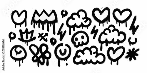 graffiti doodles in edgy black and white style on transparent background art icons symbols skull heart cloud lightning star vector