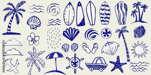 Bild auf Leinwand hand drawn blue summer beach doodles on white background hand drawn palm tree su