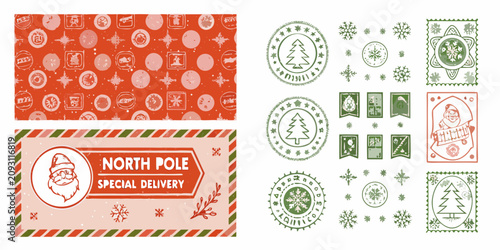 Fotografía vintage style christmas postage stamps and postcard with festive patterns holida