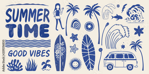 Bild auf Leinwand summer time surf and beach elements vintage vector illustration palm tree surfbo
