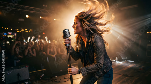 Female rock star performing live on stage with hair flying
