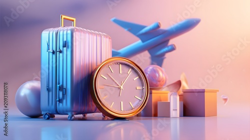 Suitcase and alarm clock with airplane symbol illustrating airport delay, perfect for travel insurance, flight disruption