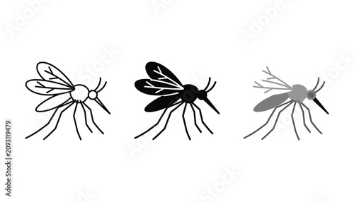 Canvastavla Mosquito Illustration Set: A collection of stylized illustrations depicting a mosquito in line art, silhouette, and grayscale, showcasing its distinct features